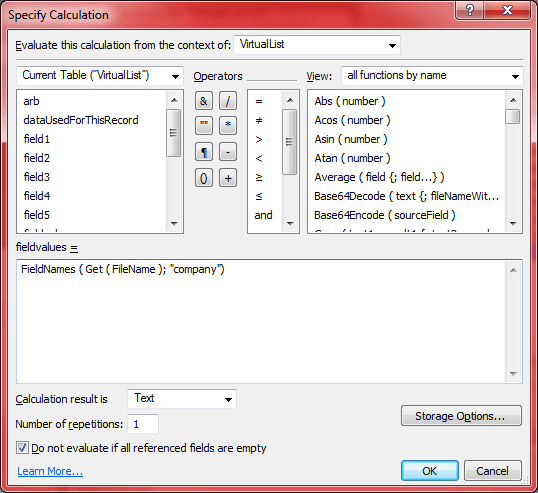 Specifying calculations for creating dynamic lists