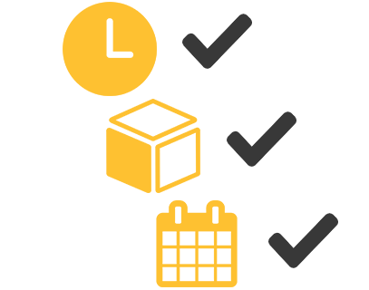 Image of a clock, a box, and a calendar with checkmarks